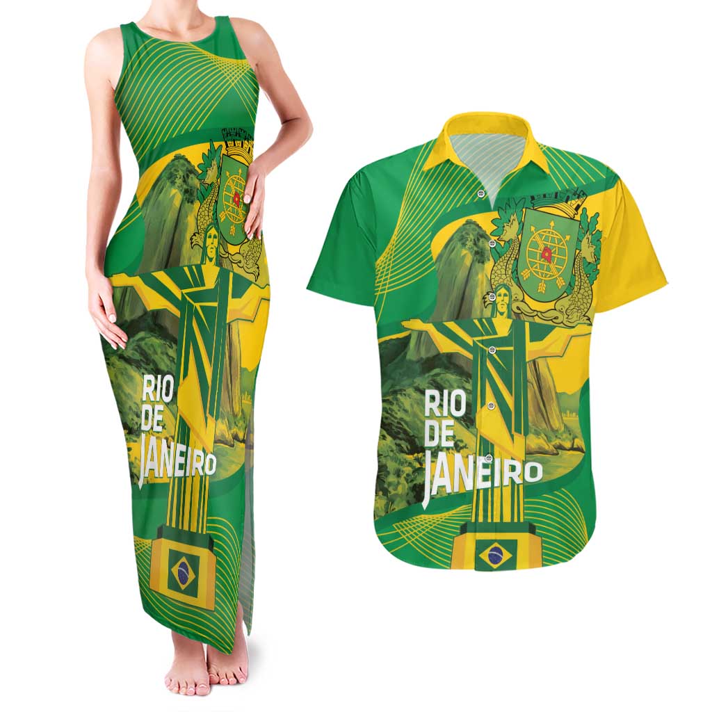 Rio de Janeiro Brazil Couples Matching Tank Maxi Dress and Hawaiian Shirt Christ the Redeemer Mix Sugarloaf Mountain - Wonder Print Shop