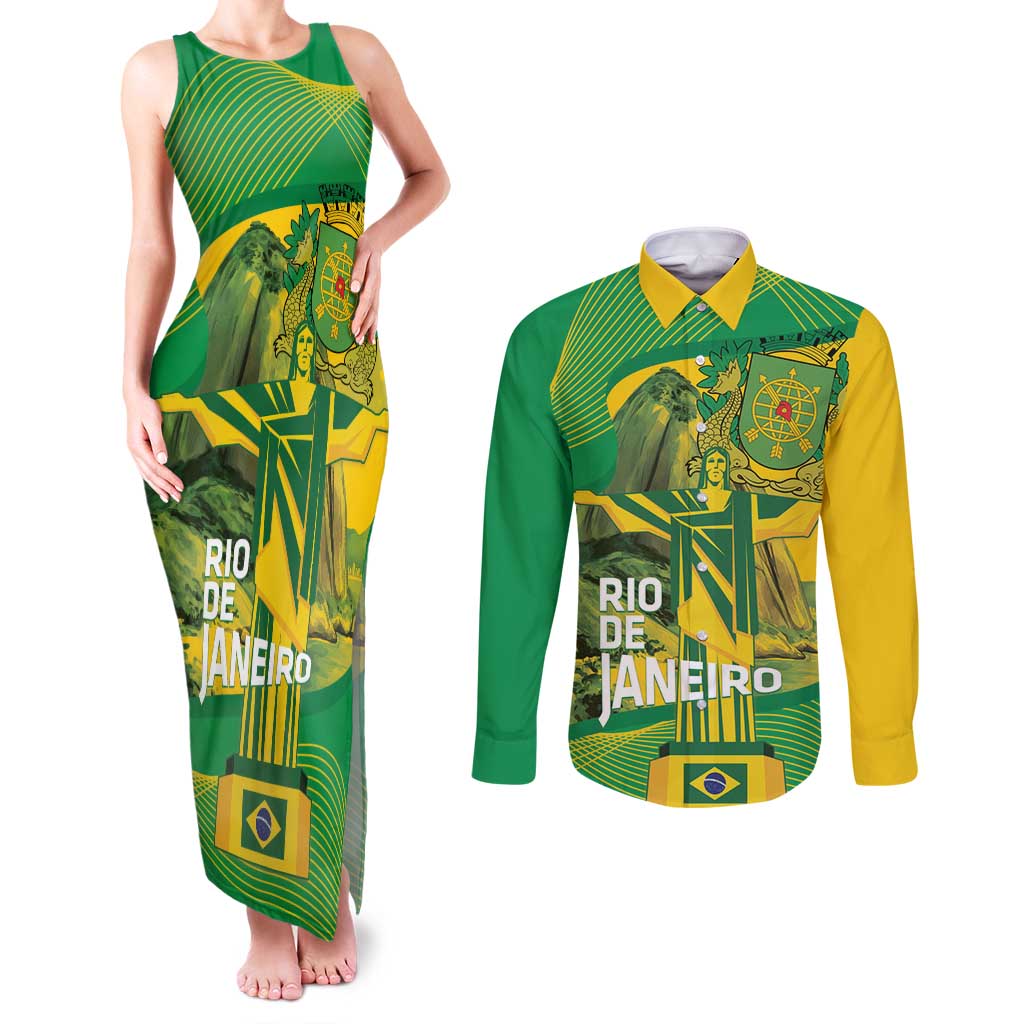 Rio de Janeiro Brazil Couples Matching Tank Maxi Dress and Long Sleeve Button Shirt Christ the Redeemer Mix Sugarloaf Mountain - Wonder Print Shop