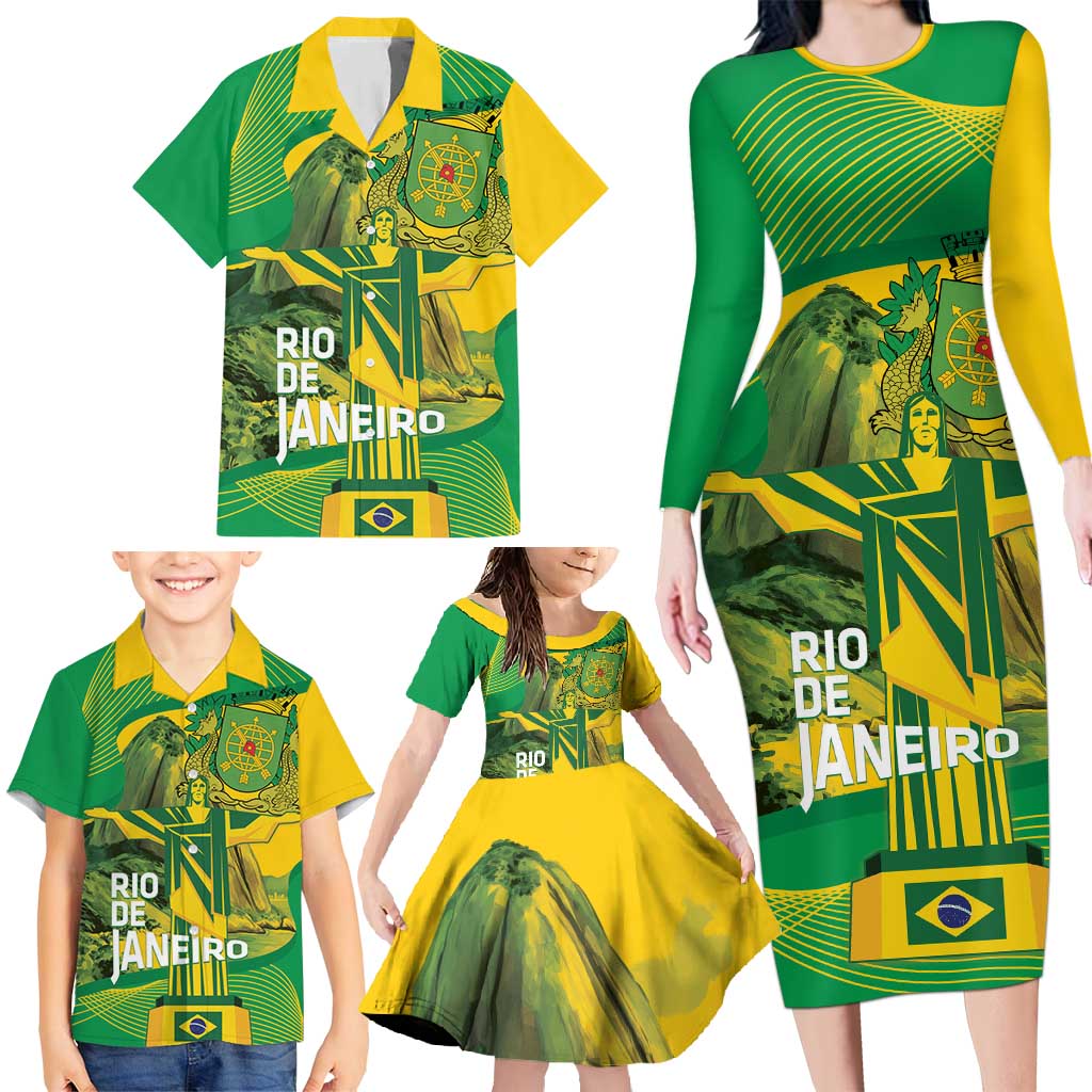 Rio de Janeiro Brazil Family Matching Long Sleeve Bodycon Dress and Hawaiian Shirt Christ the Redeemer Mix Sugarloaf Mountain - Wonder Print Shop