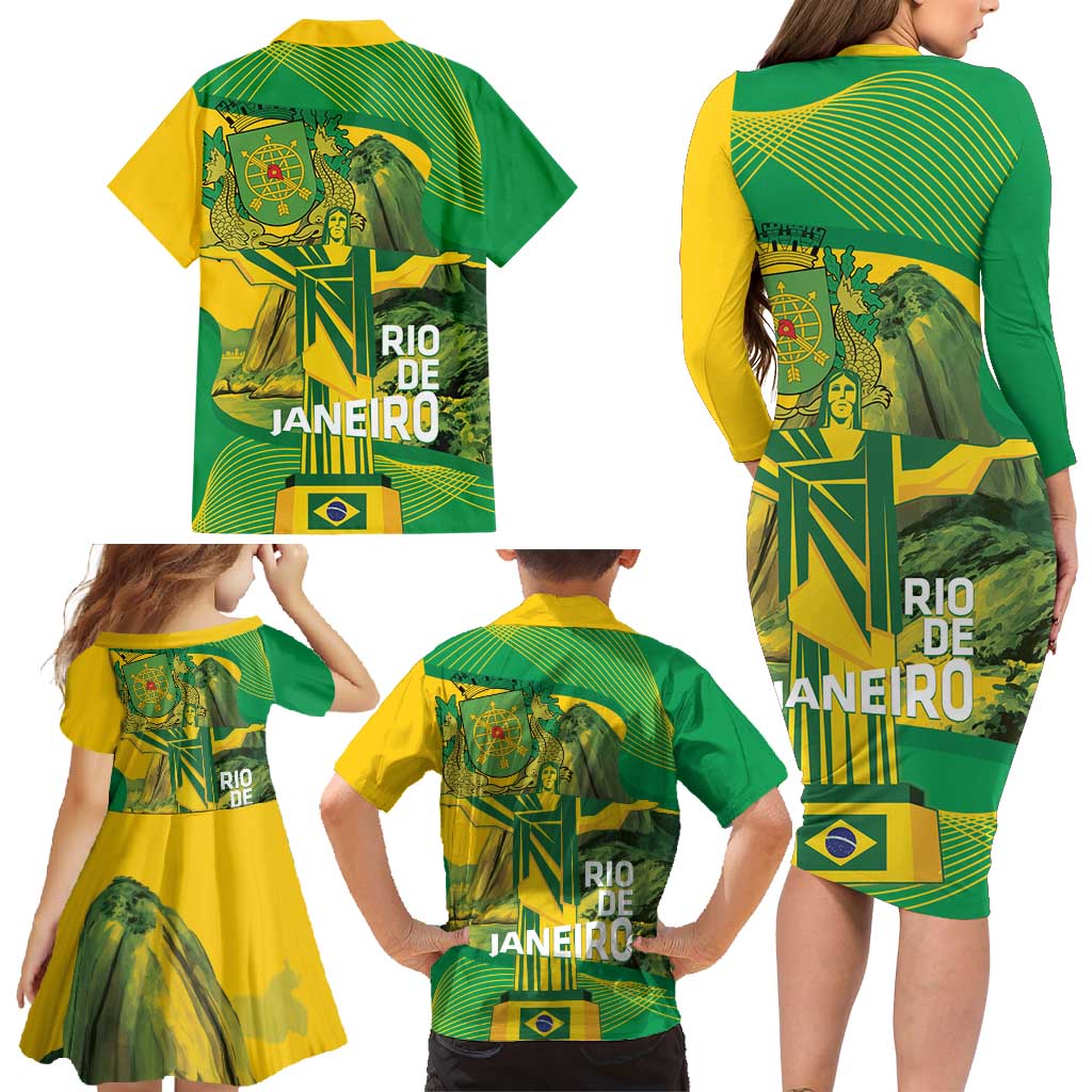 Rio de Janeiro Brazil Family Matching Long Sleeve Bodycon Dress and Hawaiian Shirt Christ the Redeemer Mix Sugarloaf Mountain - Wonder Print Shop