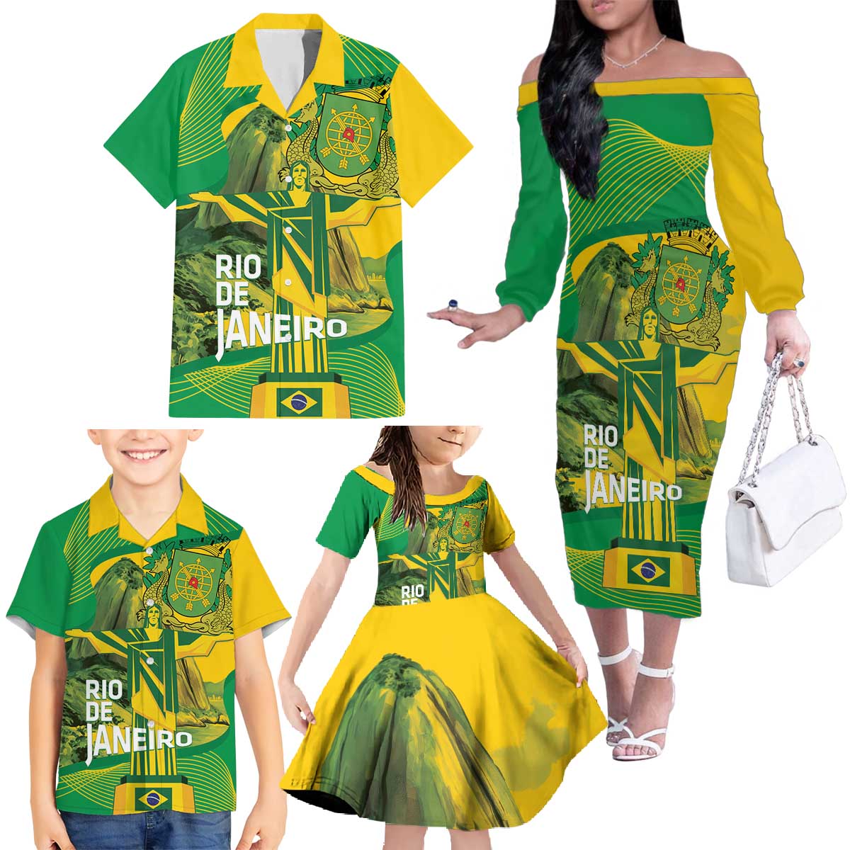 Rio de Janeiro Brazil Family Matching Off The Shoulder Long Sleeve Dress and Hawaiian Shirt Christ the Redeemer Mix Sugarloaf Mountain - Wonder Print Shop