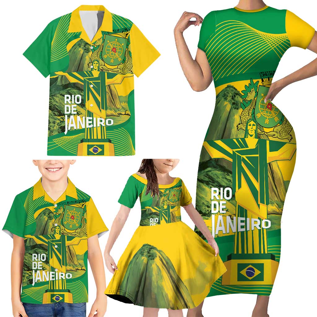 Rio de Janeiro Brazil Family Matching Short Sleeve Bodycon Dress and Hawaiian Shirt Christ the Redeemer Mix Sugarloaf Mountain - Wonder Print Shop