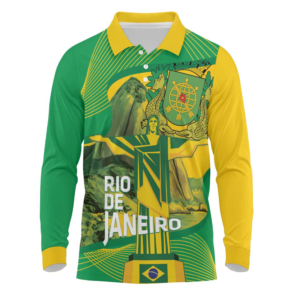 Rio de Janeiro Brazil Long Sleeve Polo Shirt Christ the Redeemer Mix Sugarloaf Mountain - Wonder Print Shop