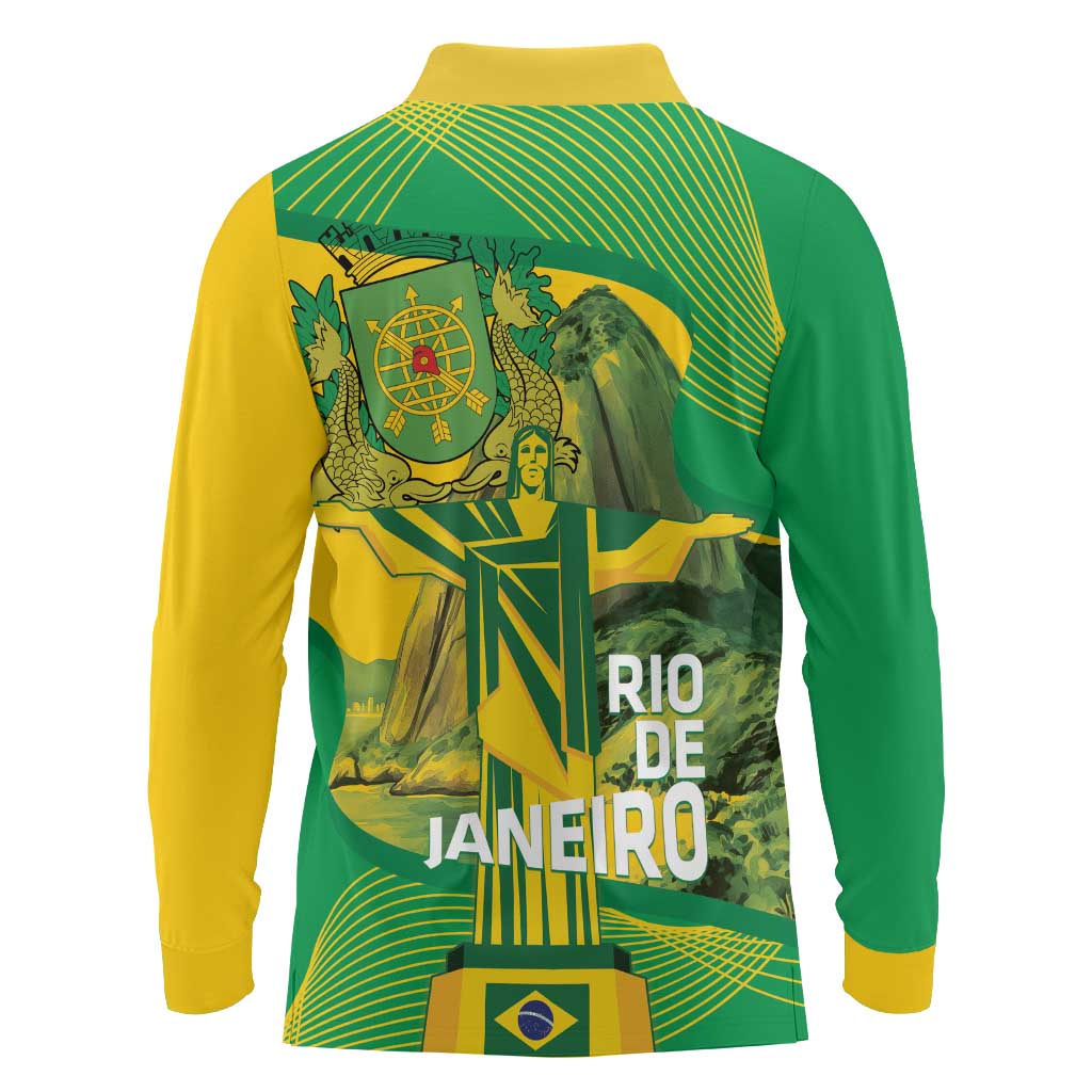 Rio de Janeiro Brazil Long Sleeve Polo Shirt Christ the Redeemer Mix Sugarloaf Mountain - Wonder Print Shop