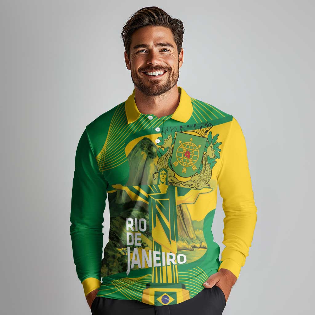 Rio de Janeiro Brazil Long Sleeve Polo Shirt Christ the Redeemer Mix Sugarloaf Mountain - Wonder Print Shop