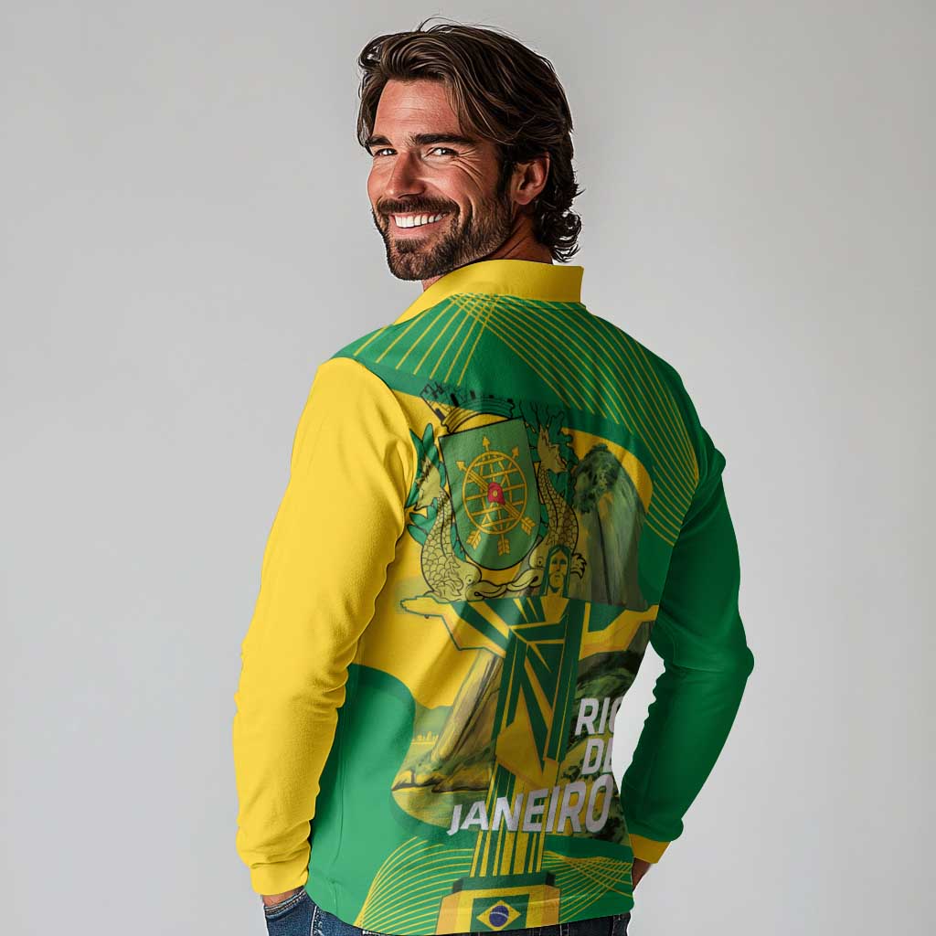 Rio de Janeiro Brazil Long Sleeve Polo Shirt Christ the Redeemer Mix Sugarloaf Mountain - Wonder Print Shop