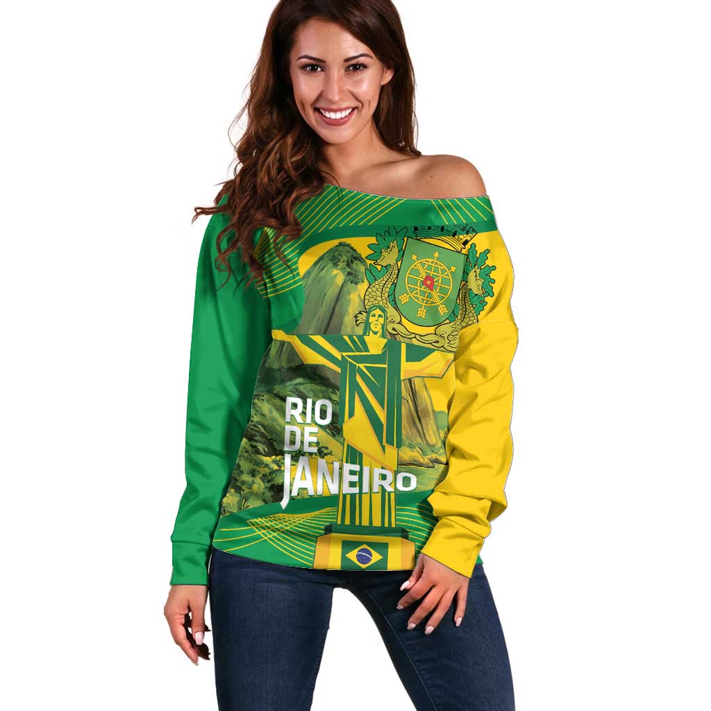 Rio de Janeiro Brazil Off Shoulder Sweater Christ the Redeemer Mix Sugarloaf Mountain - Wonder Print Shop