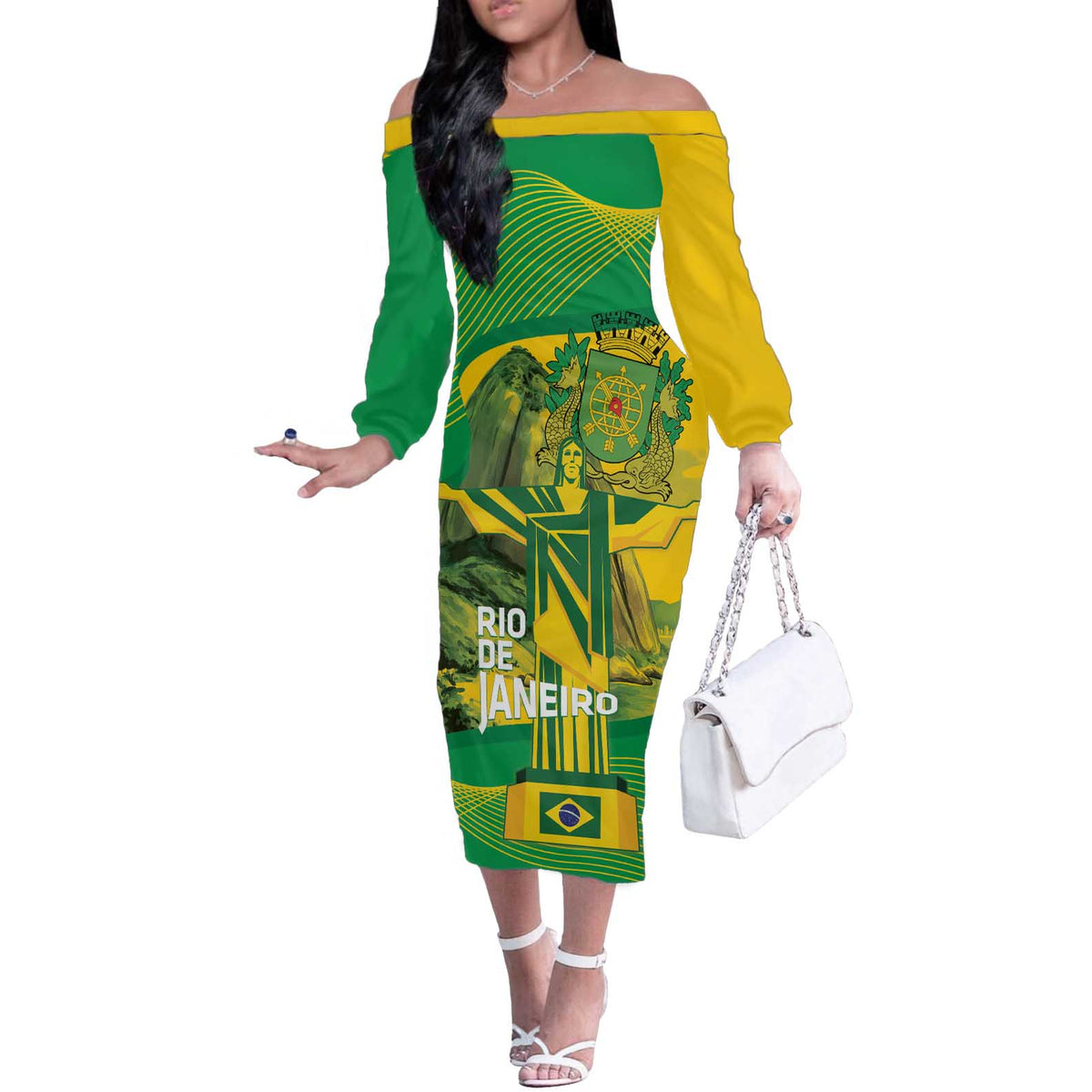 Rio de Janeiro Brazil Off The Shoulder Long Sleeve Dress Christ the Redeemer Mix Sugarloaf Mountain - Wonder Print Shop