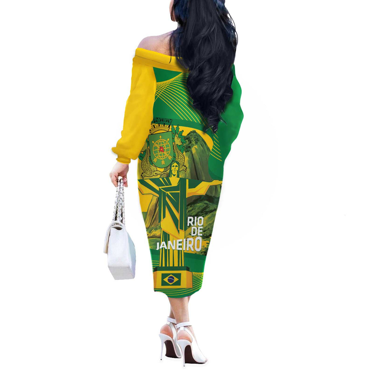 Rio de Janeiro Brazil Off The Shoulder Long Sleeve Dress Christ the Redeemer Mix Sugarloaf Mountain - Wonder Print Shop