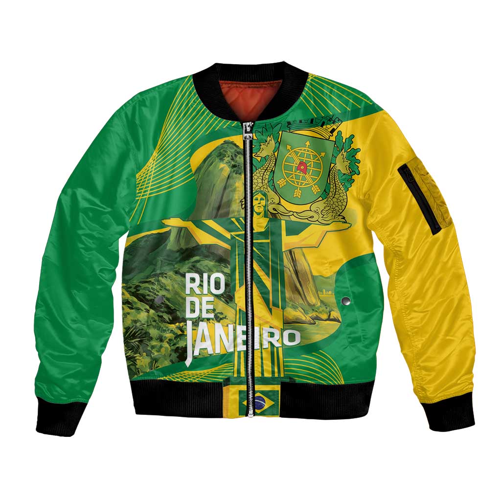Rio de Janeiro Brazil Sleeve Zip Bomber Jacket Christ the Redeemer Mix Sugarloaf Mountain - Wonder Print Shop