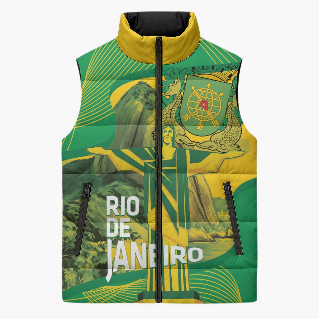 Rio de Janeiro Brazil Sleeveless Puffer Jacket Christ the Redeemer Mix Sugarloaf Mountain - Wonder Print Shop
