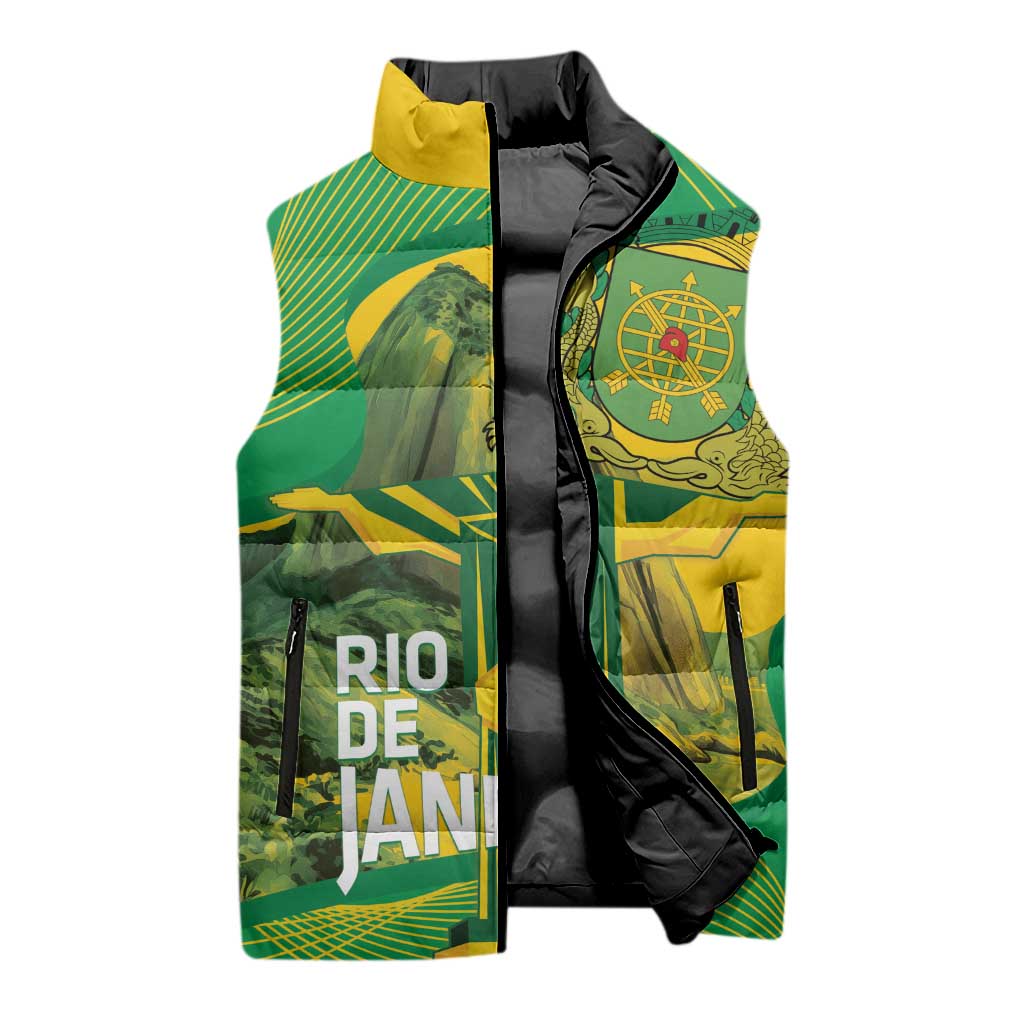Rio de Janeiro Brazil Sleeveless Puffer Jacket Christ the Redeemer Mix Sugarloaf Mountain - Wonder Print Shop