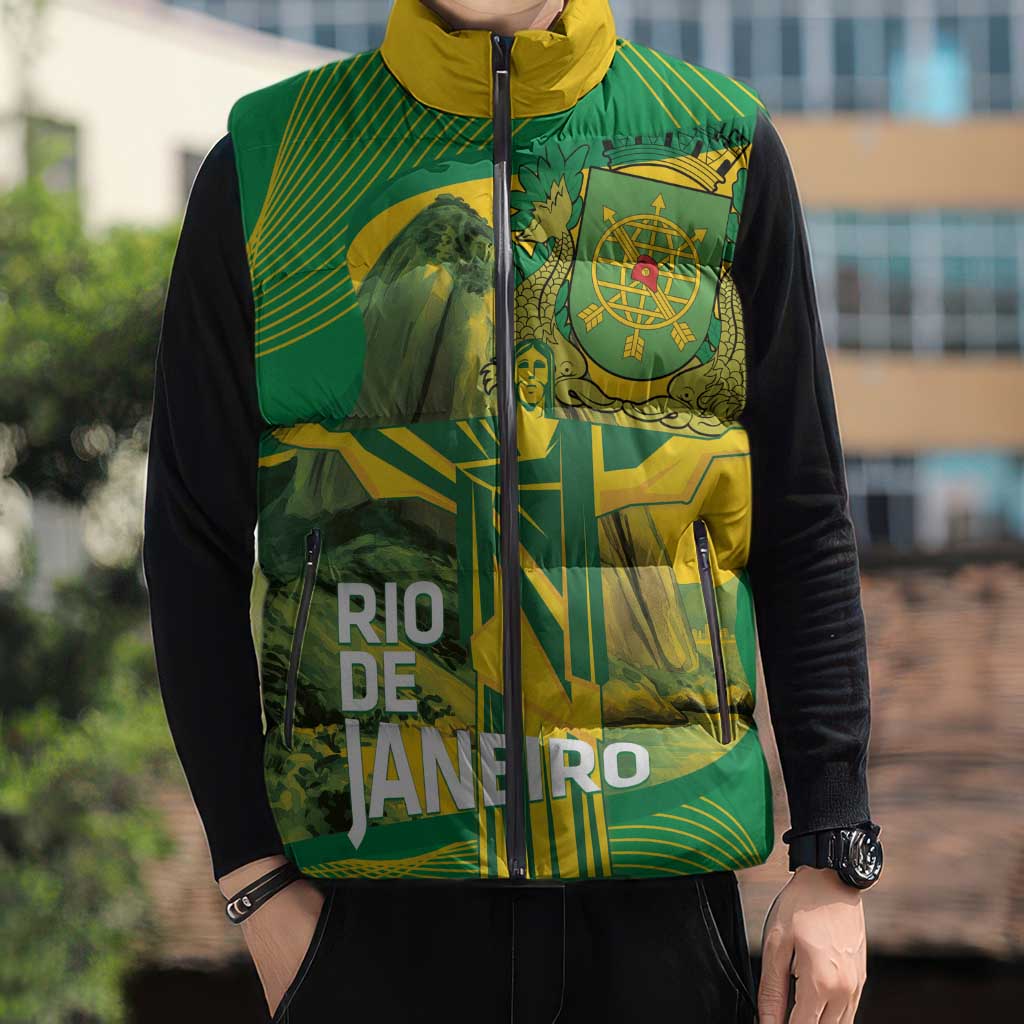 Rio de Janeiro Brazil Sleeveless Puffer Jacket Christ the Redeemer Mix Sugarloaf Mountain - Wonder Print Shop