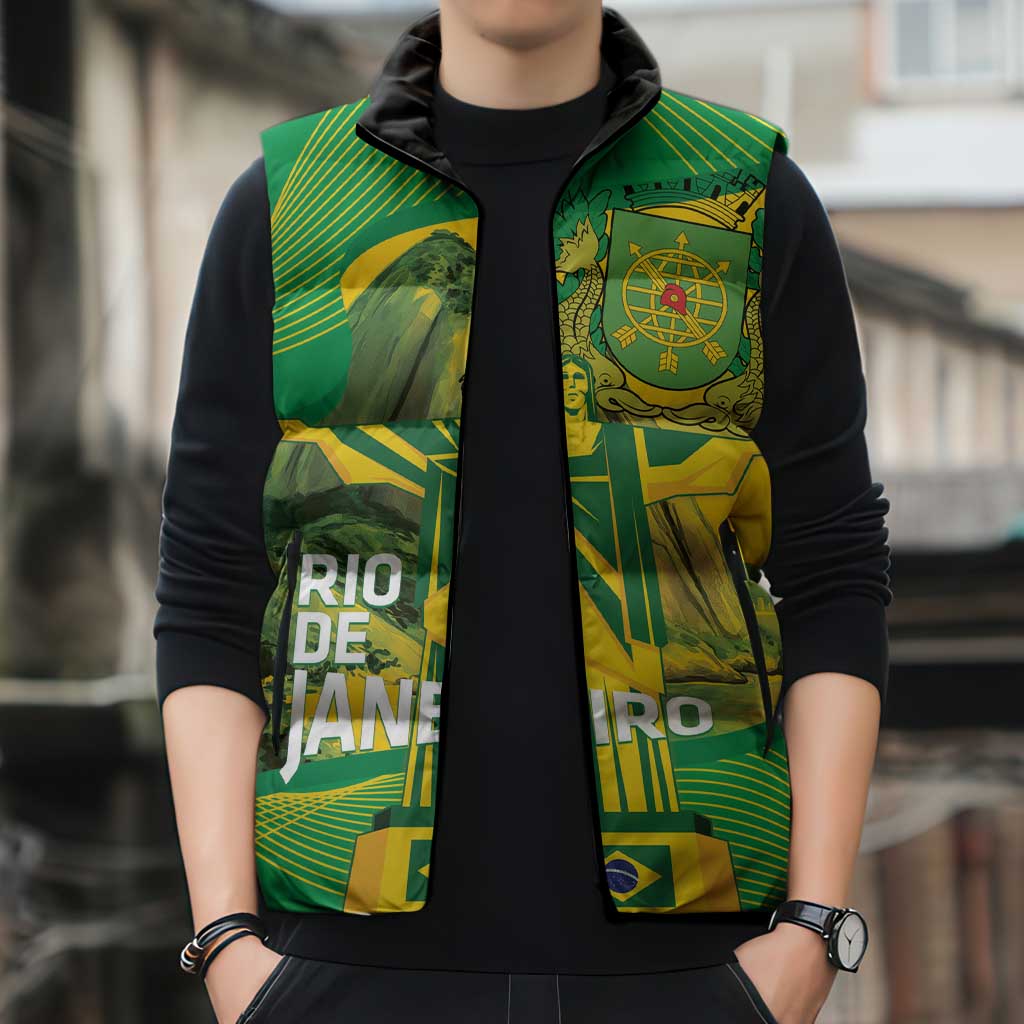 Rio de Janeiro Brazil Sleeveless Puffer Jacket Christ the Redeemer Mix Sugarloaf Mountain - Wonder Print Shop