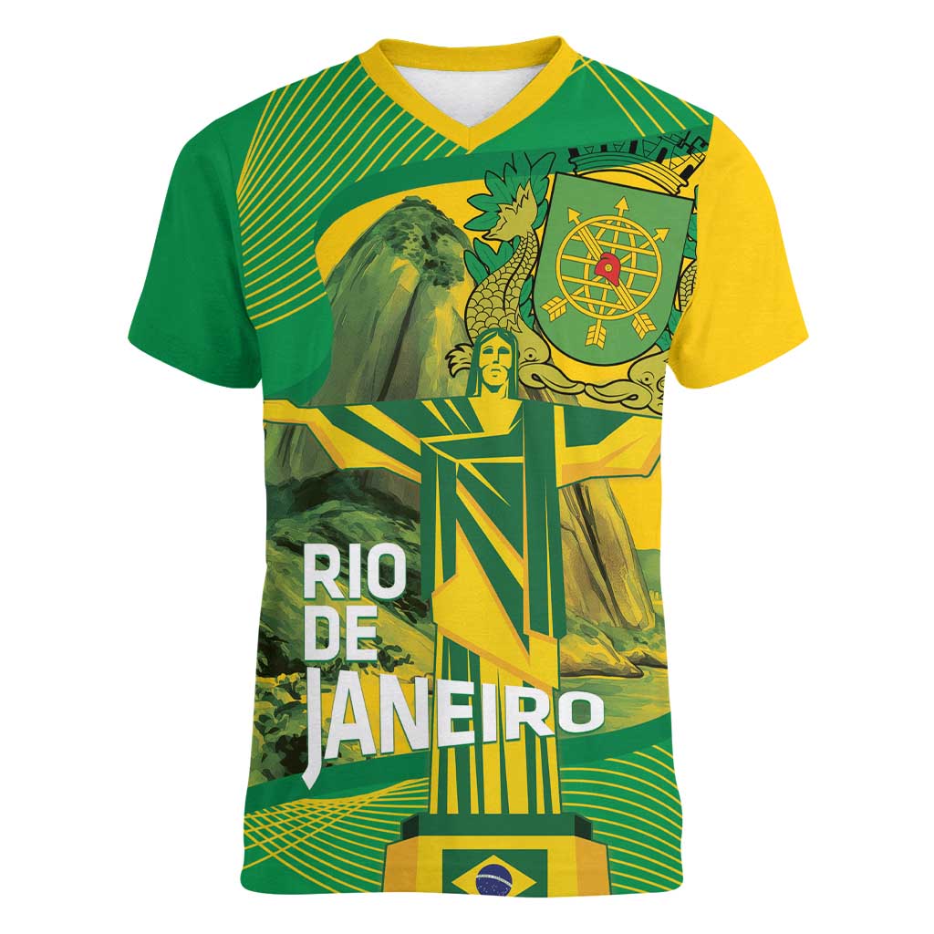 Rio de Janeiro Brazil Women V-Neck T-Shirt Christ the Redeemer Mix Sugarloaf Mountain - Wonder Print Shop
