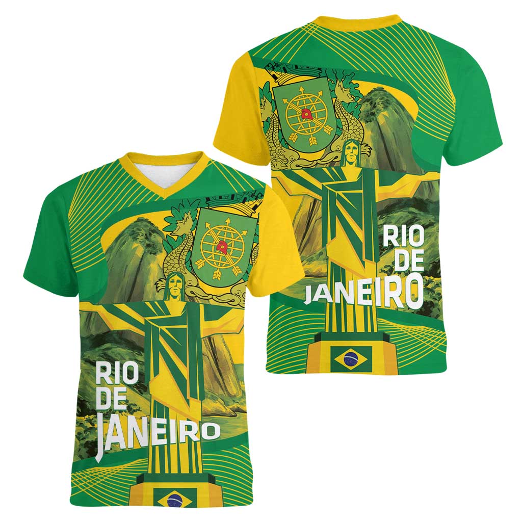 Rio de Janeiro Brazil Women V-Neck T-Shirt Christ the Redeemer Mix Sugarloaf Mountain - Wonder Print Shop