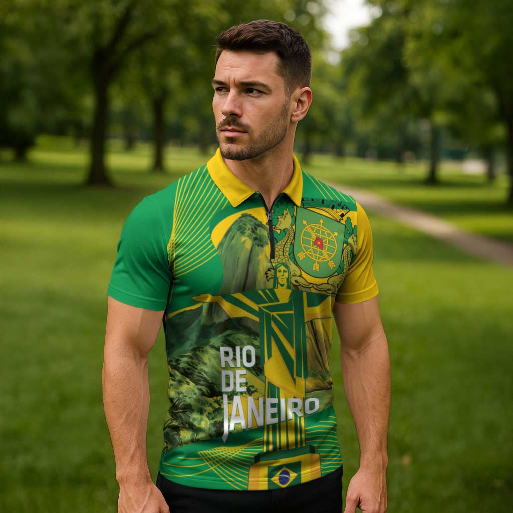 Rio de Janeiro Brazil Zipper Polo Shirt Christ the Redeemer Mix Sugarloaf Mountain - Wonder Print Shop