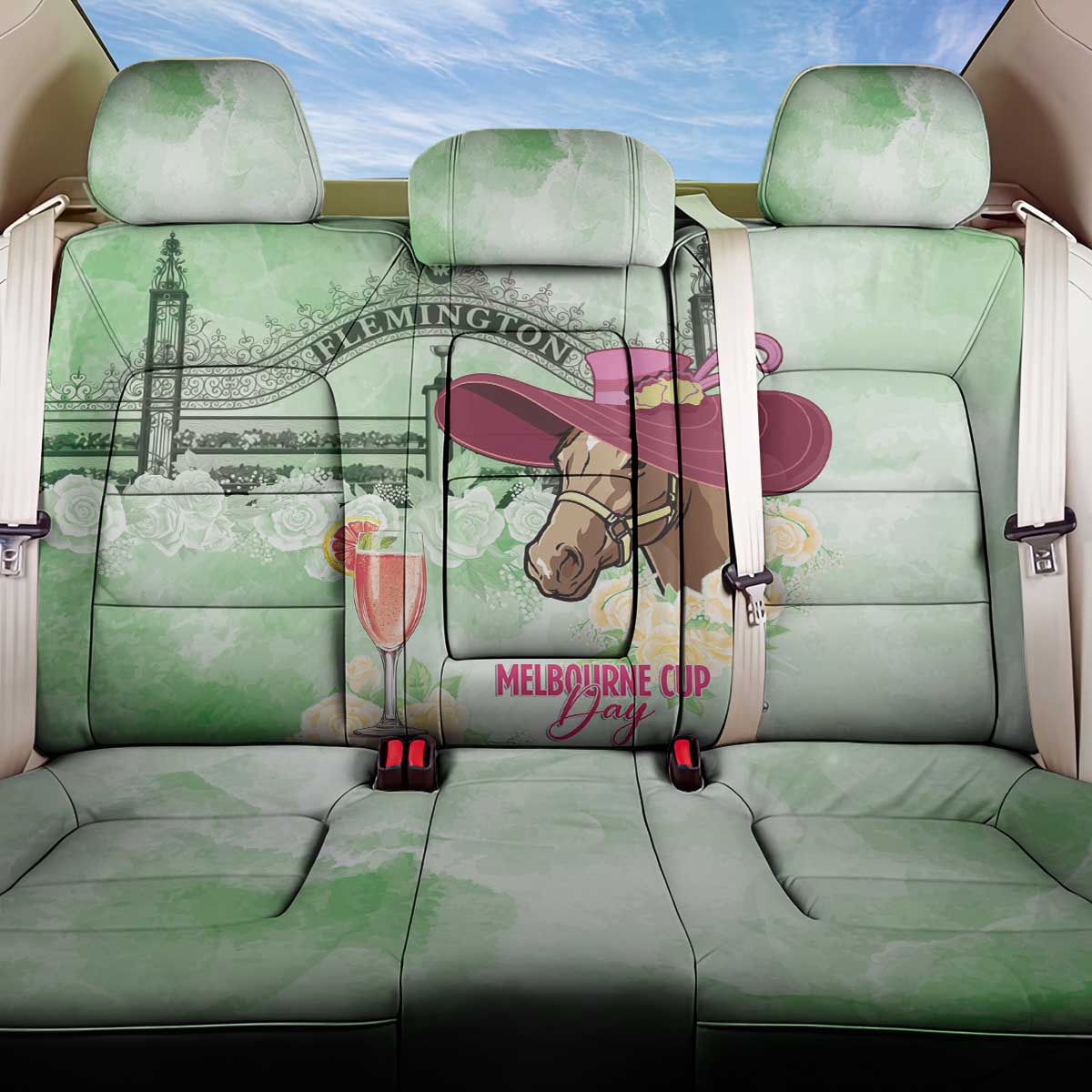 Australia Cup Melbourne Horse Racing Back Car Seat Cover Hats Heels & Horseshoes Yellow Roses - Wonder Print Shop
