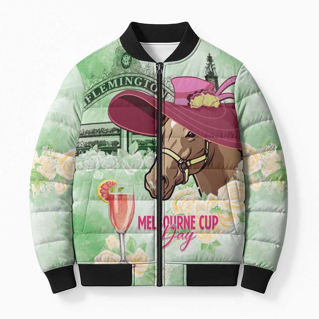 Australia Cup Melbourne Horse Racing Bomber Puffer Jacket Hats Heels & Horseshoes Yellow Roses - Wonder Print Shop