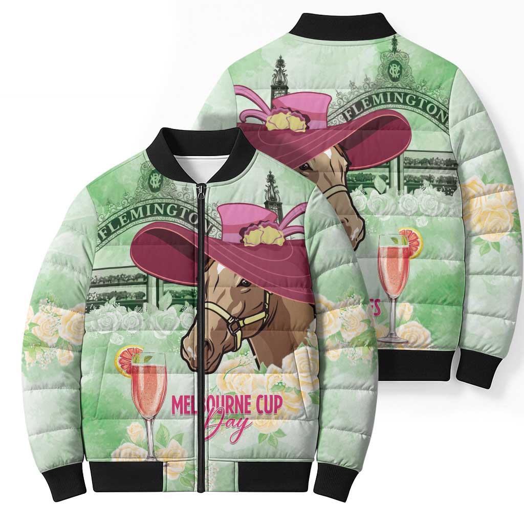 Australia Cup Melbourne Horse Racing Bomber Puffer Jacket Hats Heels & Horseshoes Yellow Roses - Wonder Print Shop