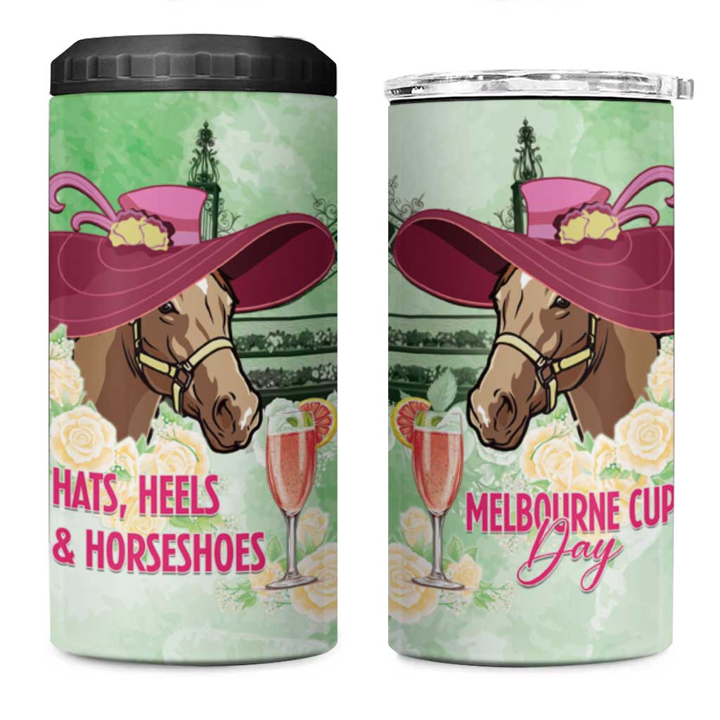 Australia Cup Melbourne Horse Racing 4 in 1 Can Cooler Tumbler Hats Heels & Horseshoes Yellow Roses - Wonder Print Shop