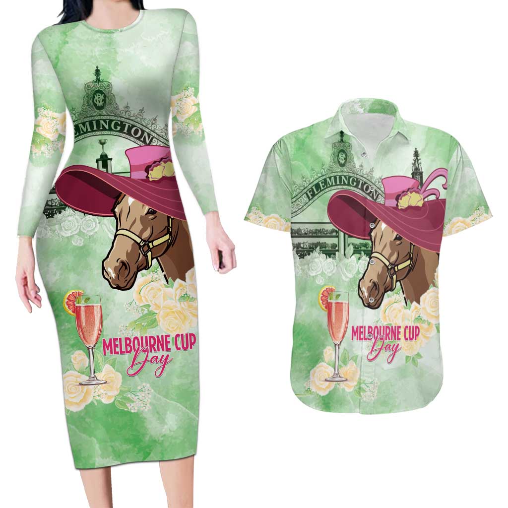 Australia Cup Melbourne Horse Racing Couples Matching Long Sleeve Bodycon Dress and Hawaiian Shirt Hats Heels & Horseshoes Yellow Roses - Wonder Print Shop