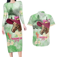 Australia Cup Melbourne Horse Racing Couples Matching Long Sleeve Bodycon Dress and Hawaiian Shirt Hats Heels & Horseshoes Yellow Roses - Wonder Print Shop
