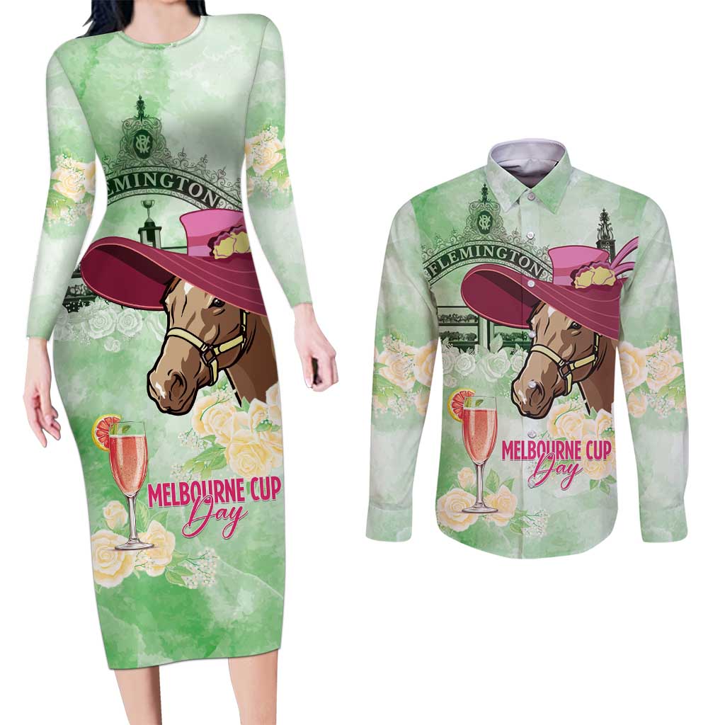 Australia Cup Melbourne Horse Racing Couples Matching Long Sleeve Bodycon Dress and Long Sleeve Button Shirt Hats Heels & Horseshoes Yellow Roses - Wonder Print Shop