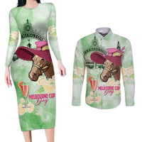 Australia Cup Melbourne Horse Racing Couples Matching Long Sleeve Bodycon Dress and Long Sleeve Button Shirt Hats Heels & Horseshoes Yellow Roses - Wonder Print Shop