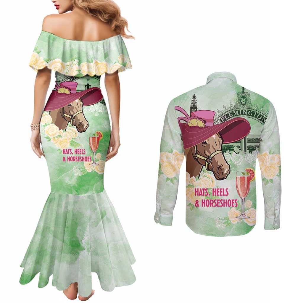 Australia Cup Melbourne Horse Racing Couples Matching Mermaid Dress and Long Sleeve Button Shirt Hats Heels & Horseshoes Yellow Roses - Wonder Print Shop
