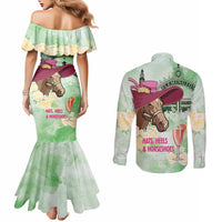 Australia Cup Melbourne Horse Racing Couples Matching Mermaid Dress and Long Sleeve Button Shirt Hats Heels & Horseshoes Yellow Roses - Wonder Print Shop