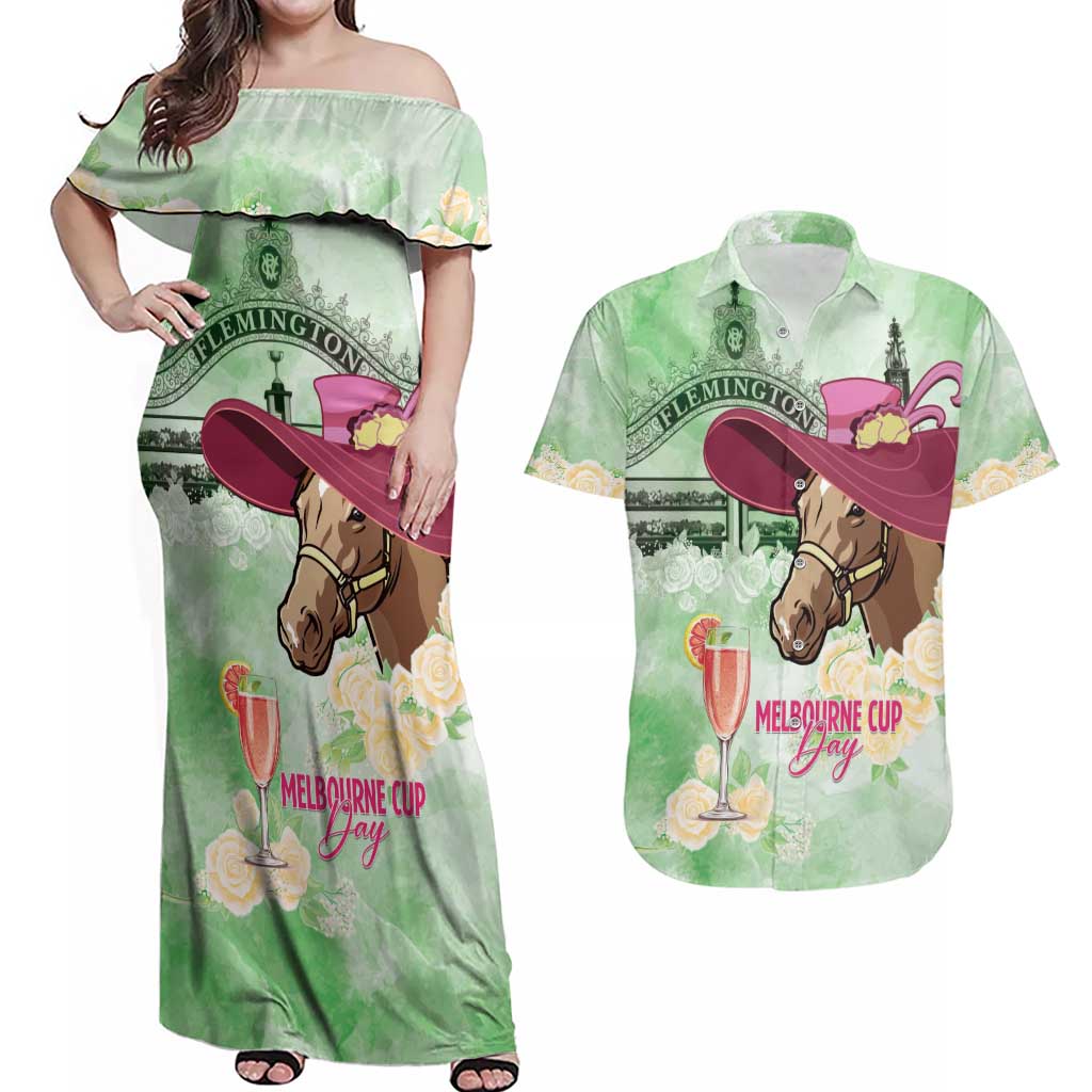 Australia Cup Melbourne Horse Racing Couples Matching Off Shoulder Maxi Dress and Hawaiian Shirt Hats Heels & Horseshoes Yellow Roses - Wonder Print Shop