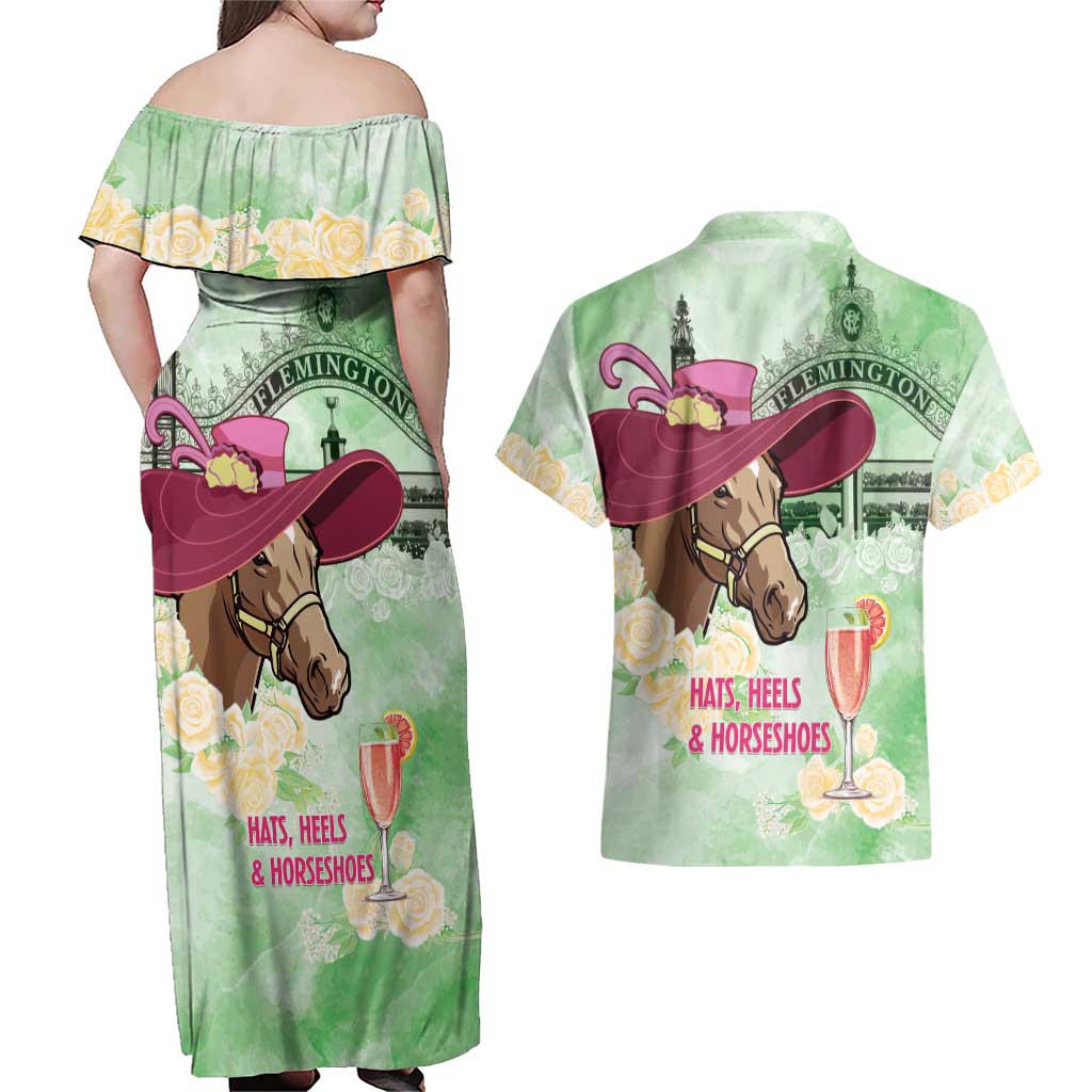 Australia Cup Melbourne Horse Racing Couples Matching Off Shoulder Maxi Dress and Hawaiian Shirt Hats Heels & Horseshoes Yellow Roses - Wonder Print Shop