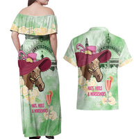 Australia Cup Melbourne Horse Racing Couples Matching Off Shoulder Maxi Dress and Hawaiian Shirt Hats Heels & Horseshoes Yellow Roses - Wonder Print Shop