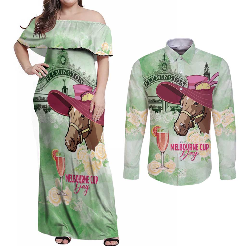 Australia Cup Melbourne Horse Racing Couples Matching Off Shoulder Maxi Dress and Long Sleeve Button Shirt Hats Heels & Horseshoes Yellow Roses - Wonder Print Shop