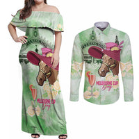 Australia Cup Melbourne Horse Racing Couples Matching Off Shoulder Maxi Dress and Long Sleeve Button Shirt Hats Heels & Horseshoes Yellow Roses - Wonder Print Shop
