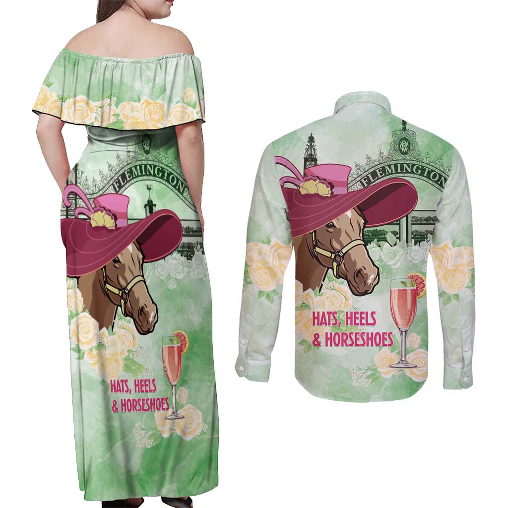 Australia Cup Melbourne Horse Racing Couples Matching Off Shoulder Maxi Dress and Long Sleeve Button Shirt Hats Heels & Horseshoes Yellow Roses - Wonder Print Shop