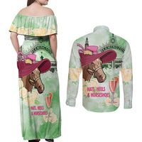 Australia Cup Melbourne Horse Racing Couples Matching Off Shoulder Maxi Dress and Long Sleeve Button Shirt Hats Heels & Horseshoes Yellow Roses - Wonder Print Shop