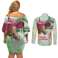 Australia Cup Melbourne Horse Racing Couples Matching Off Shoulder Short Dress and Long Sleeve Button Shirt Hats Heels & Horseshoes Yellow Roses - Wonder Print Shop