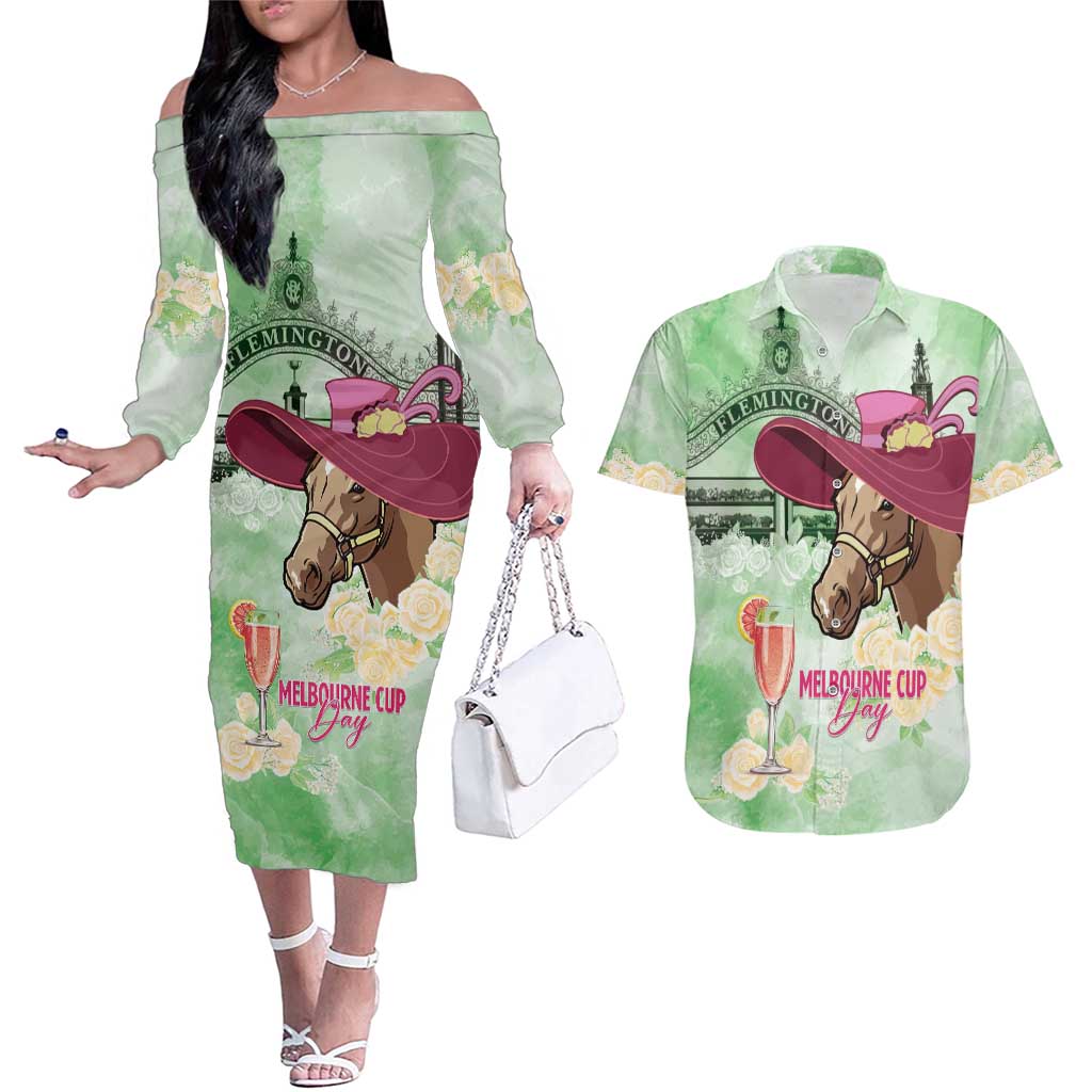 Australia Cup Melbourne Horse Racing Couples Matching Off The Shoulder Long Sleeve Dress and Hawaiian Shirt Hats Heels & Horseshoes Yellow Roses - Wonder Print Shop