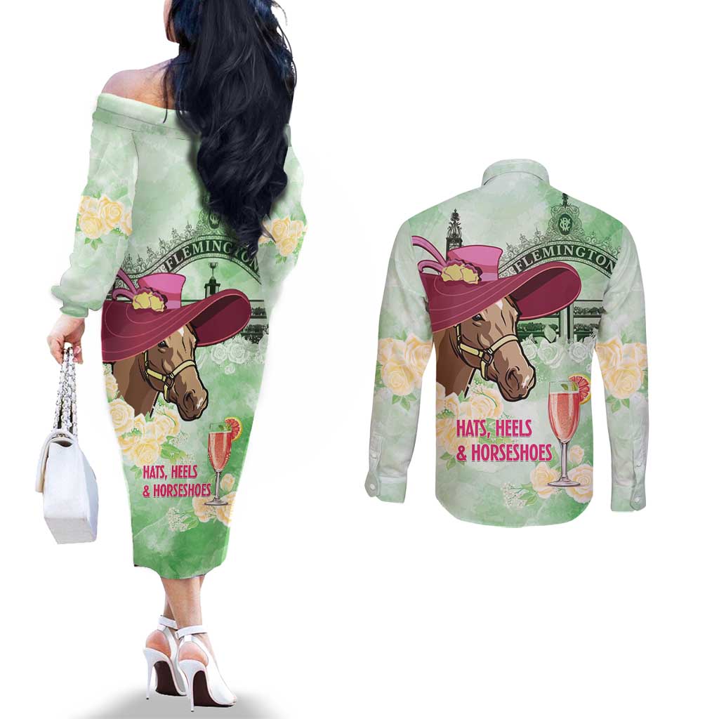 Australia Cup Melbourne Horse Racing Couples Matching Off The Shoulder Long Sleeve Dress and Long Sleeve Button Shirt Hats Heels & Horseshoes Yellow Roses - Wonder Print Shop