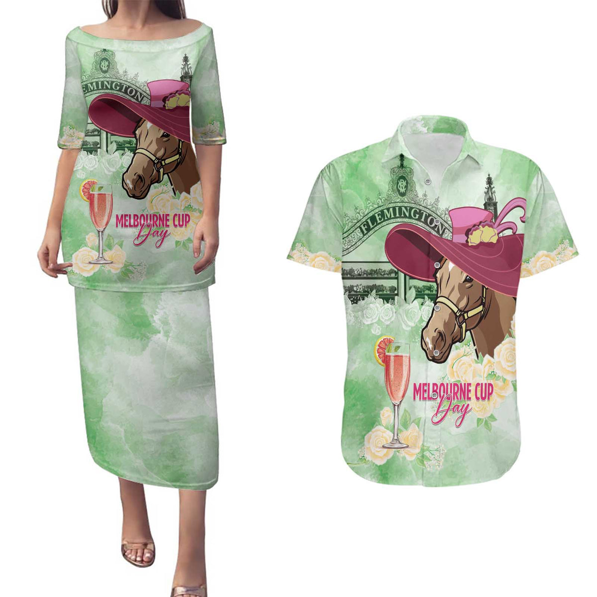 Australia Cup Melbourne Horse Racing Couples Matching Puletasi and Hawaiian Shirt Hats Heels & Horseshoes Yellow Roses - Wonder Print Shop