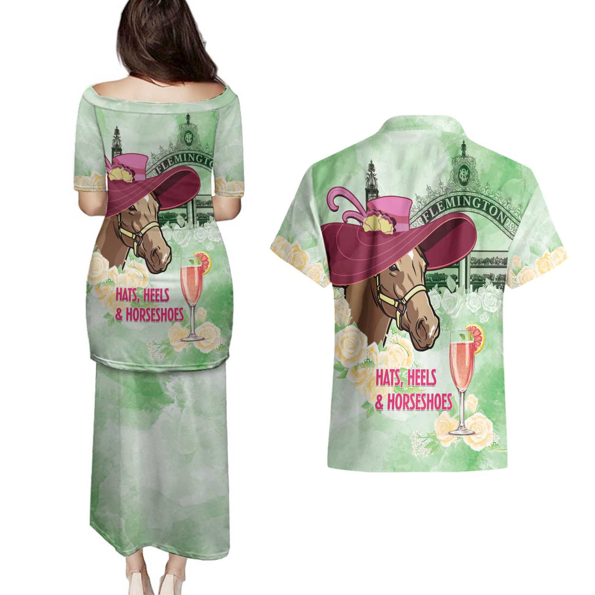 Australia Cup Melbourne Horse Racing Couples Matching Puletasi and Hawaiian Shirt Hats Heels & Horseshoes Yellow Roses - Wonder Print Shop