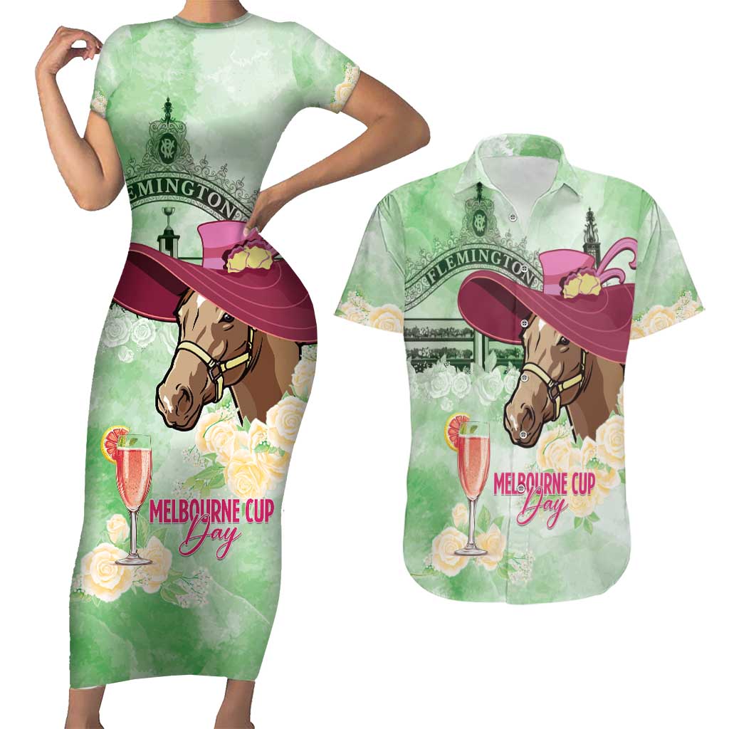 Australia Cup Melbourne Horse Racing Couples Matching Short Sleeve Bodycon Dress and Hawaiian Shirt Hats Heels & Horseshoes Yellow Roses - Wonder Print Shop