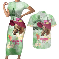 Australia Cup Melbourne Horse Racing Couples Matching Short Sleeve Bodycon Dress and Hawaiian Shirt Hats Heels & Horseshoes Yellow Roses - Wonder Print Shop