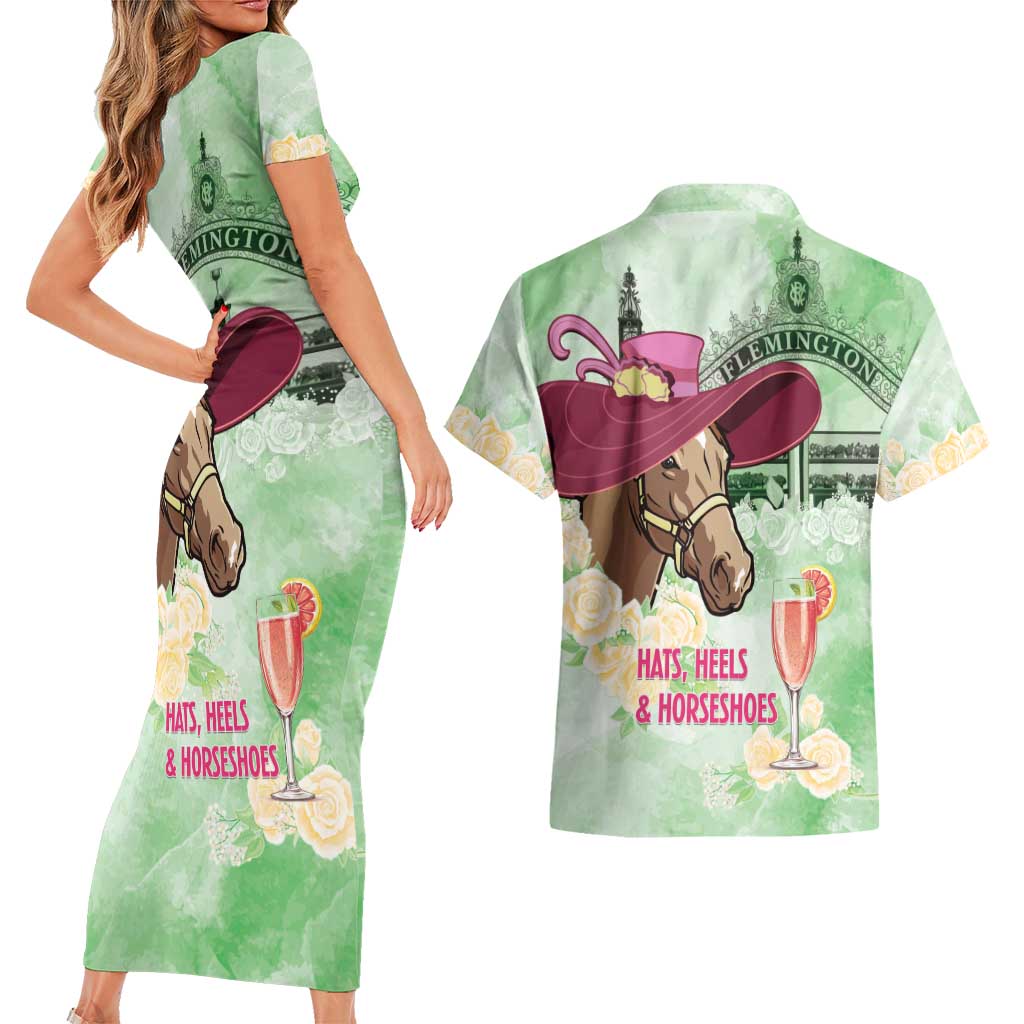 Australia Cup Melbourne Horse Racing Couples Matching Short Sleeve Bodycon Dress and Hawaiian Shirt Hats Heels & Horseshoes Yellow Roses - Wonder Print Shop