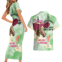 Australia Cup Melbourne Horse Racing Couples Matching Short Sleeve Bodycon Dress and Hawaiian Shirt Hats Heels & Horseshoes Yellow Roses - Wonder Print Shop