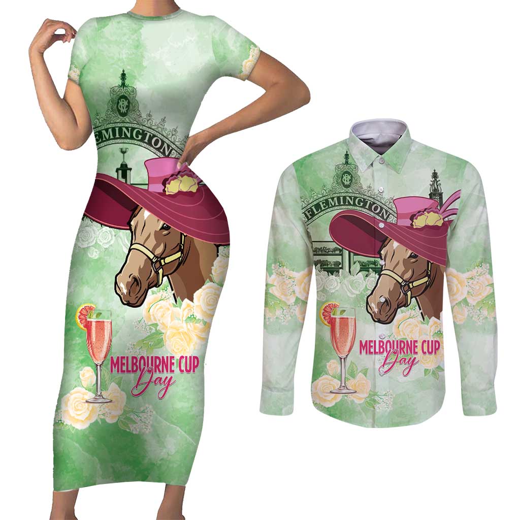 Australia Cup Melbourne Horse Racing Couples Matching Short Sleeve Bodycon Dress and Long Sleeve Button Shirt Hats Heels & Horseshoes Yellow Roses - Wonder Print Shop