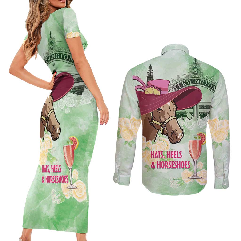 Australia Cup Melbourne Horse Racing Couples Matching Short Sleeve Bodycon Dress and Long Sleeve Button Shirt Hats Heels & Horseshoes Yellow Roses - Wonder Print Shop