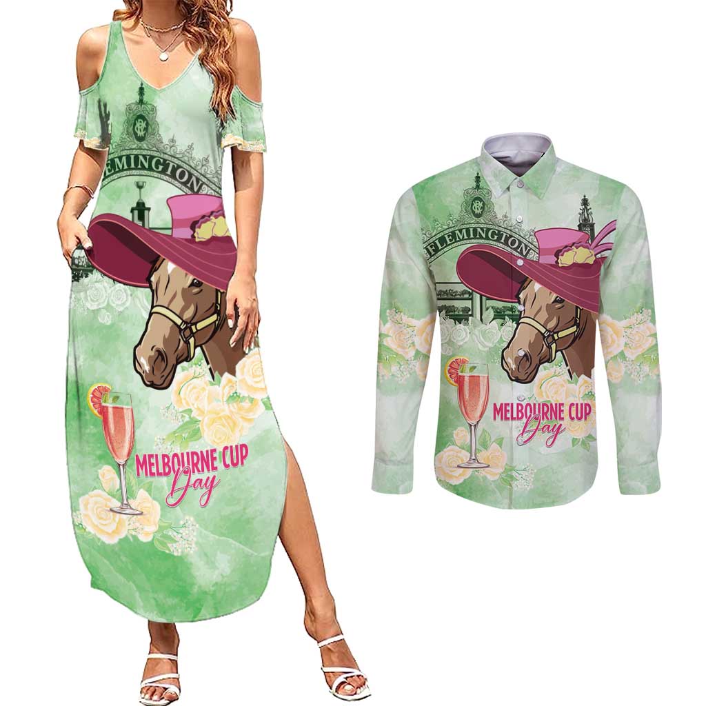 Australia Cup Melbourne Horse Racing Couples Matching Summer Maxi Dress and Long Sleeve Button Shirt Hats Heels & Horseshoes Yellow Roses - Wonder Print Shop